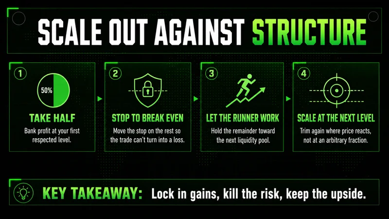 Four-step scale-out diagram: take half, stop to break even, let the runner work, scale at the next level