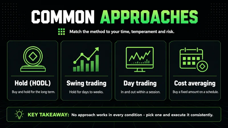 Neon cards on common crypto approaches: hold, swing, day trading and cost averaging