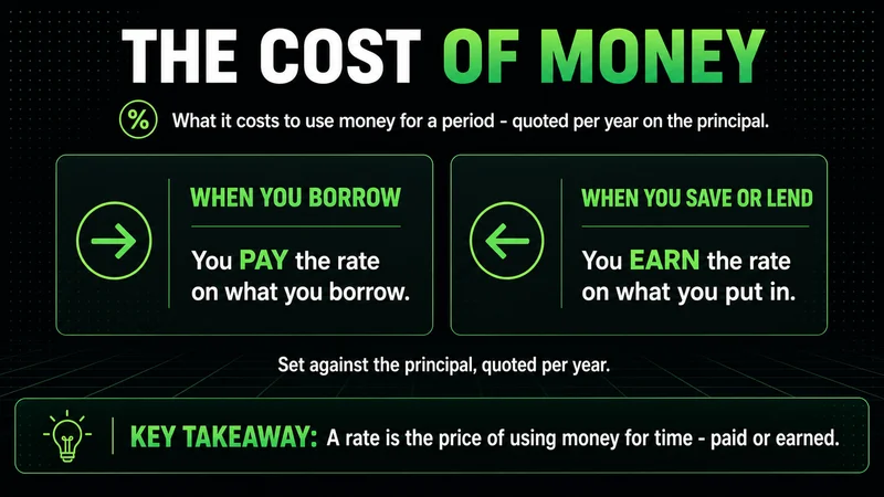 Neon panels showing you pay a rate when borrowing and earn it when saving or lending