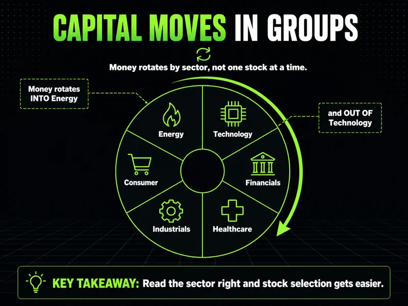 Neon six-sector rotation wheel showing capital moving into energy and out of technology for sector analysis