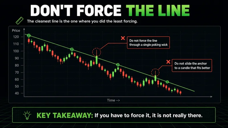 Chart titled "Don't Force The Line" warning against drawing a descending trendline through a single poking wick or sliding the anchor to a candle that fits better; the cleanest line is the one you did the least forcing on.