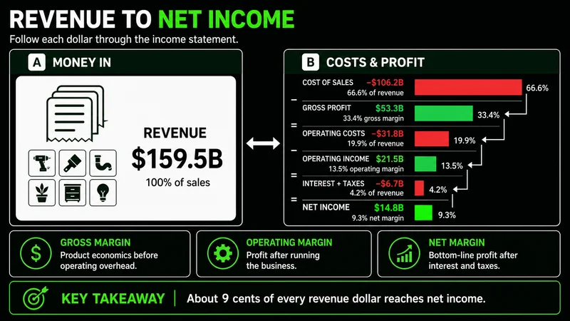 Home Depot revenue funnel from $159.5 billion in sales to $14.8 billion in net income