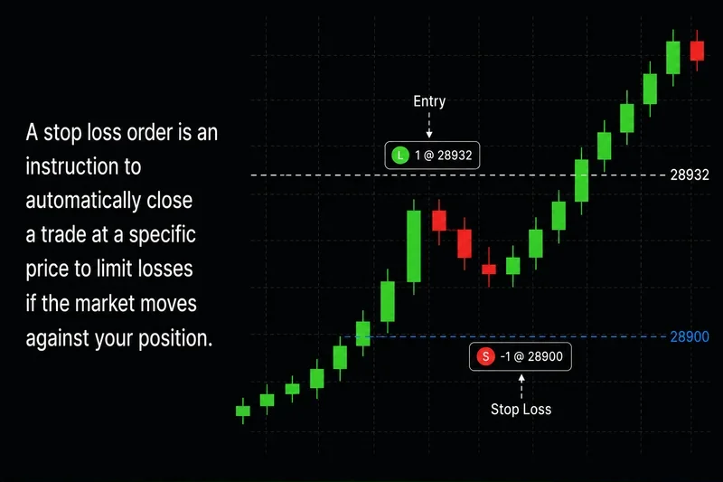 Stop loss order example on a trading candlestick chart showing entry at 28932 and stop loss at 28900, with bullish green candles, red pullback candles, dashed price levels, and a clear explanation of how stop loss orders limit risk.