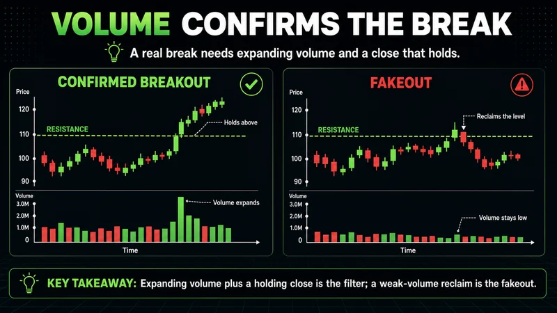 Annotated price chart contrasting a high-volume breakout that holds against a low-volume fakeout that reverses, with the volume bars and the retest marked