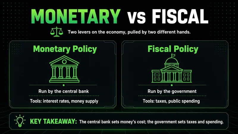 Neon panels contrasting monetary policy (central bank, rates) with fiscal policy (government, taxes)