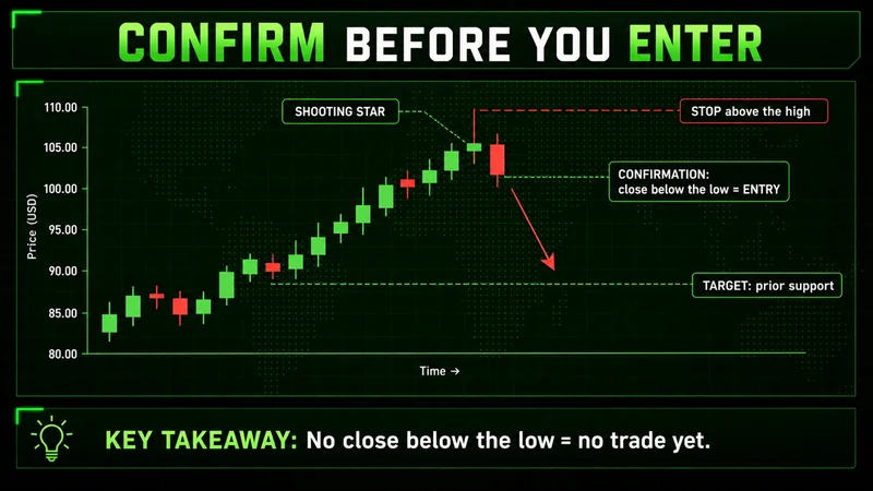 Candlestick chart marking a shooting star with confirmation close below its low as entry, stop above high, target at support