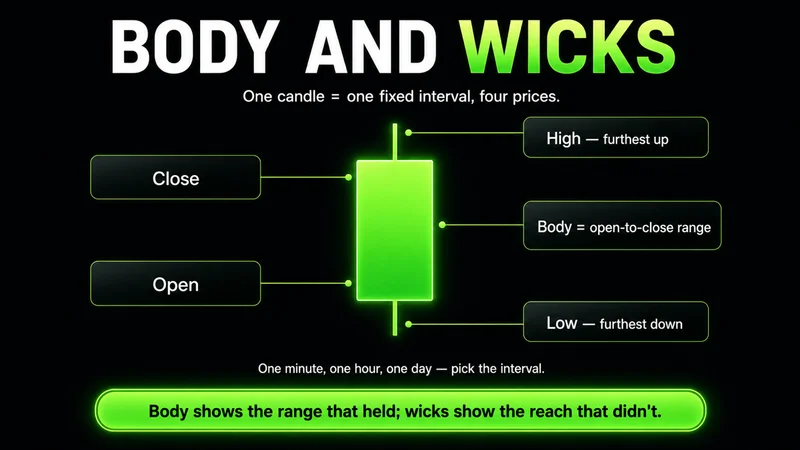 Diagram titled "Body and Wicks" with a single green candle labeled close and open at the body, high and low at the wick tips, and the body as the open-to-close range; the body shows the range that held and the wicks the reach that didn't.