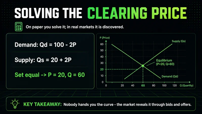 Neon worked example solving supply and demand functions to an equilibrium of P=20, Q=60