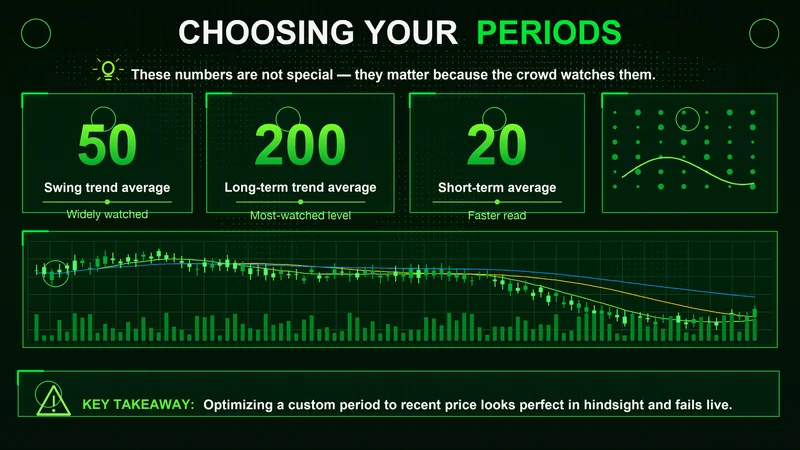 Choosing moving average periods: cards for the 50 swing, 200 long-term, and 20 short-term averages above a chart