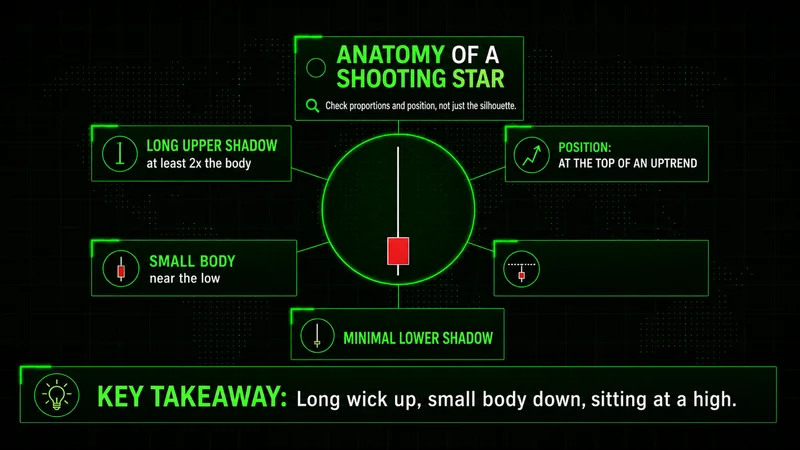 Anatomy diagram of a shooting star: long upper shadow, small body near the low, minimal lower shadow, at an uptrend top