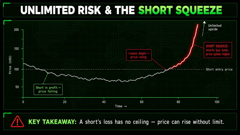 Short squeeze chart: price drifts down then spikes vertically, showing a short seller's unlimited risk above entry