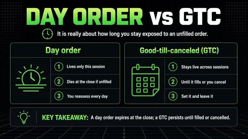 Neon panels contrasting a day order that expires at the close with a GTC that persists