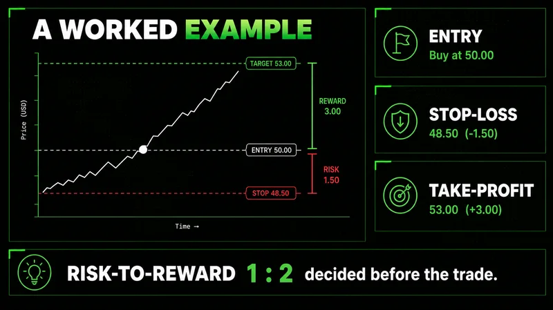 Risk-to-reward trading example showing entry, stop loss, and take profit with a 1:2 setup