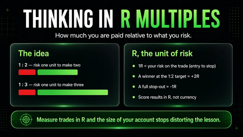 Explainer titled "Thinking in R Multiples" showing 1:2 and 1:3 risk-to-reward bars where one unit of risk earns two or three, and defining R as your risk per trade so a 1:2 winner is +2R and a full stop-out is -1R; score results in R, not currency.