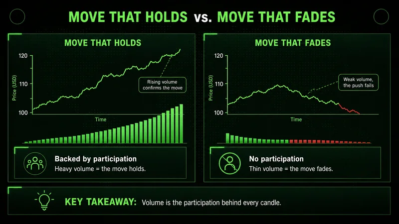 Diagram comparing a move that holds on rising volume against a move that fades on thin volume, two charts side by side.