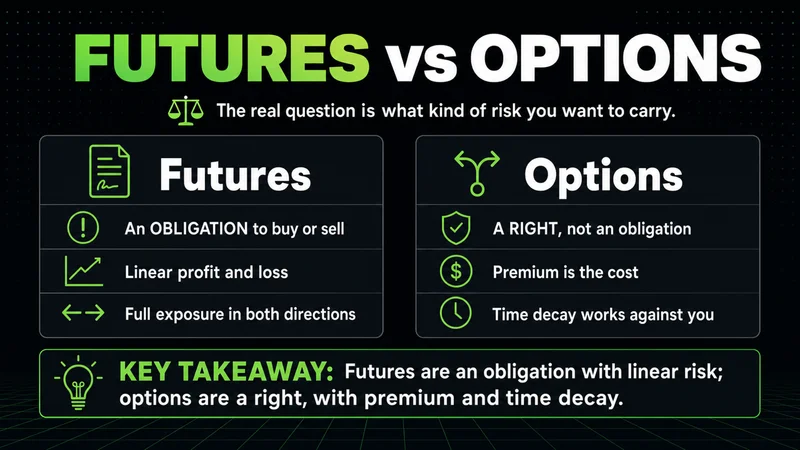 Neon panels contrasting futures as an obligation with options as a right