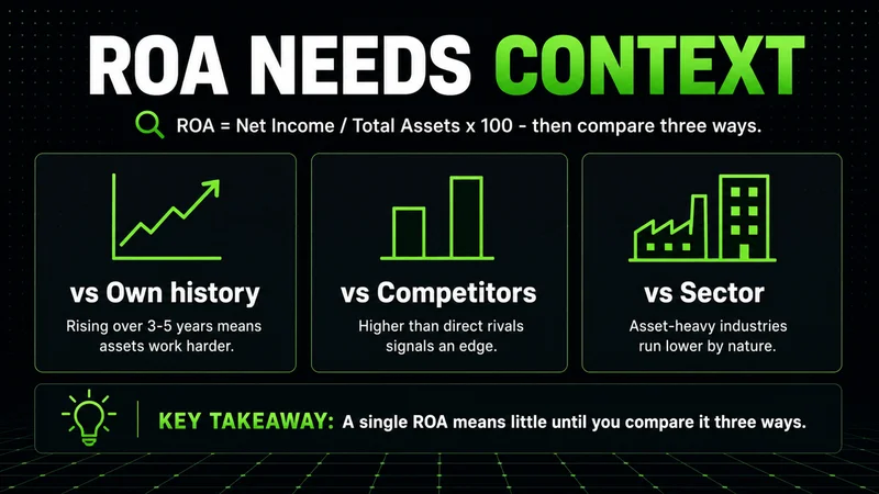 Neon cards showing the return on assets formula and the three comparisons that give it context
