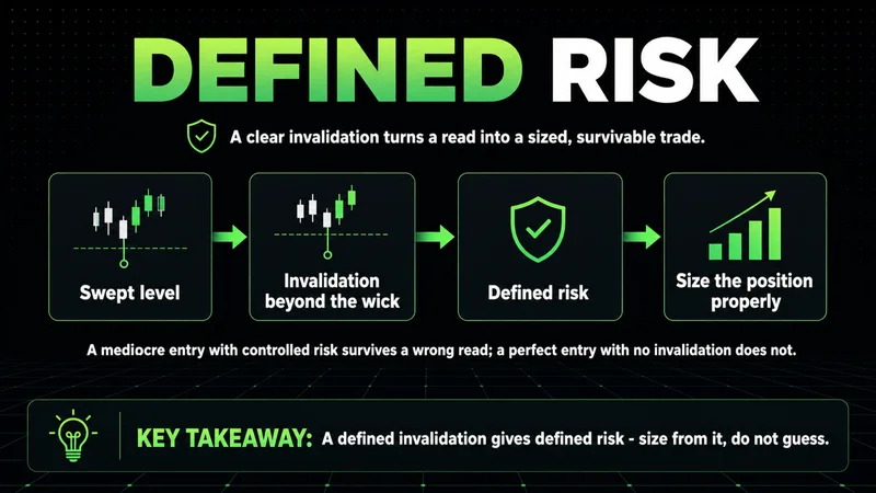 Neon flow turning a swept level into defined invalidation, defined risk and proper sizing