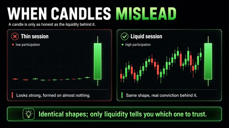 Two charts titled "When Candles Mislead" showing the same large candle — one formed on low participation in a thin session that looks strong but means little, the other amid an active liquid session with real conviction; only liquidity tells you which to trust.