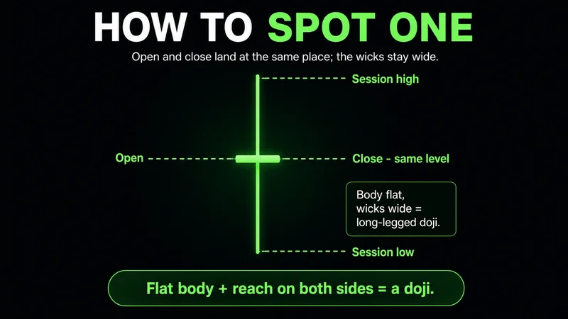 Chart titled "How to Spot One" showing a long-legged doji with guides marking the open and close at the same level and the session high and low at the wick ends; a flat body with reach on both sides is a doji.