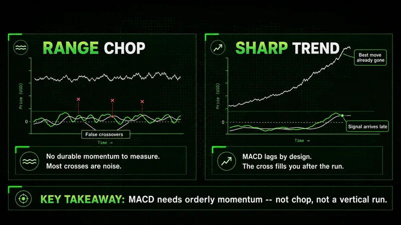 Two-panel diagram contrasting where MACD fails: a left panel showing a flat ranging market with the MACD line and signal line tangling around zero into repeated false crossovers, and a right panel showing a sharp vertical trend where the crossover prints only after price has already run, labeled as a late lagging signal