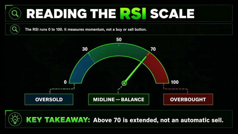 Neon RSI gauge from 0 to 100 marking oversold below 30, the 50 midline, and overbought above 70