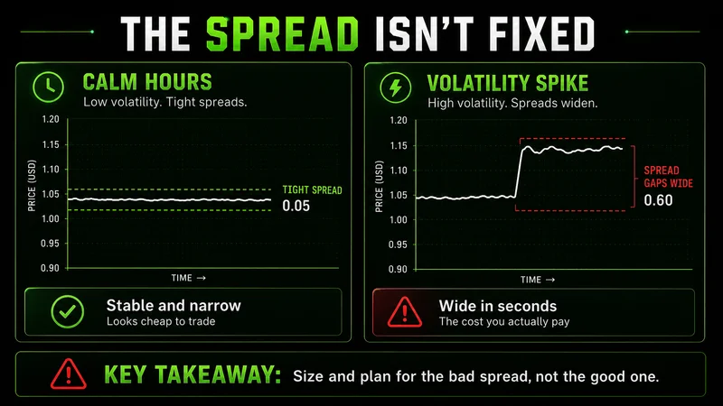 Two line charts contrasting a tight 0.05 spread in calm hours with a spread gapping to 0.60 on a volatility spike