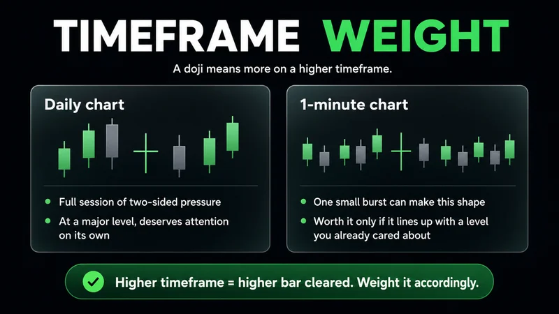 Comparison titled "Timeframe Weight" — a daily-chart doji marks a full session of two-sided pressure and deserves attention at a major level, while a one-minute doji is worth it only when it lines up with a level you already cared about.
