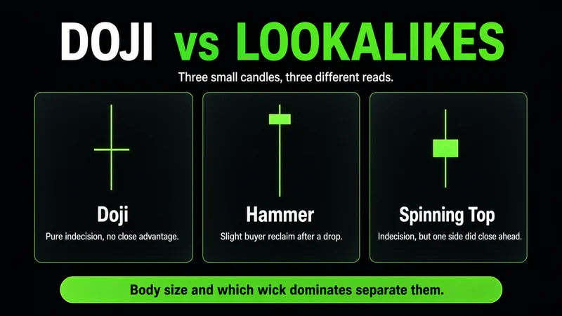 Three-column comparison titled "Doji vs Lookalikes" — a Doji (pure indecision, no close advantage), a Hammer (slight buyer reclaim after a drop), and a Spinning Top (indecision but one side closed ahead) — noting body size and which wick dominates separate them.