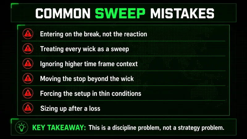 Checklist of six common liquidity sweep trading mistakes, each marked with a red warning icon