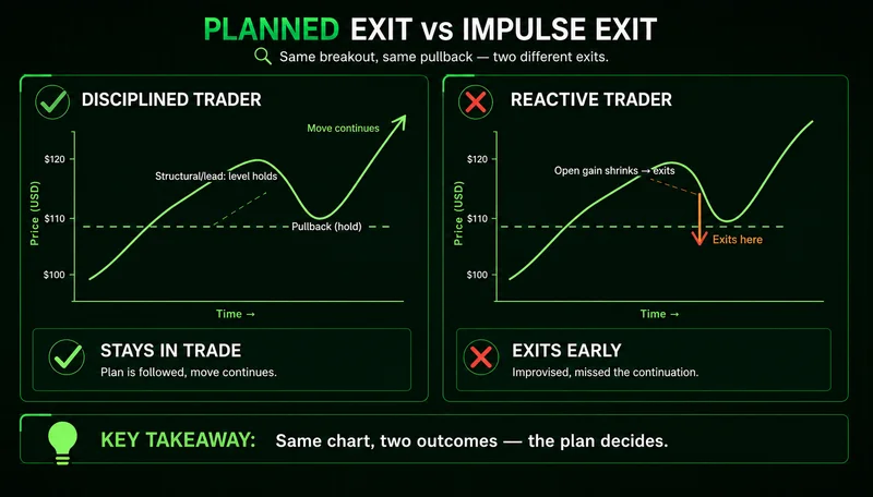 Planned vs impulse trade exit: disciplined trader holds the pullback and stays in, reactive trader exits early.