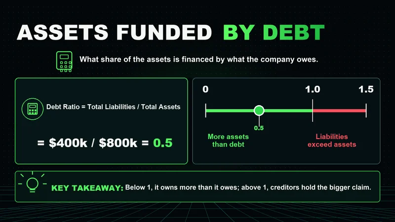 Neon debt ratio formula worked to 0.5 with a meter marking the 1.0 threshold