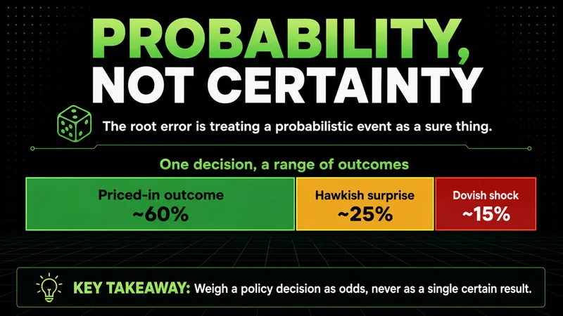 Neon probability bar framing a policy decision as a range of outcomes, not a certainty