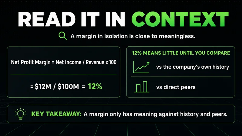 Neon net profit margin formula worked to 12% with a note to compare against history and peers