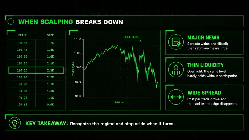 Three conditions where scalping breaks down: major news, thin liquidity, and a widening spread