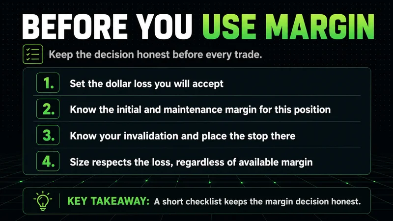 Neon checklist to run before using margin: dollar loss, margin levels, invalidation, sizing
