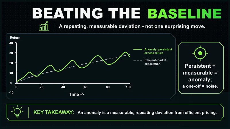 Neon chart of a persistent anomaly rising above the efficient-market baseline return