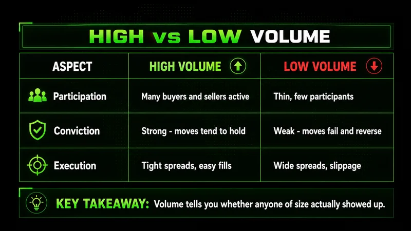 Comparison table of high volume versus low volume across participation, conviction, and execution