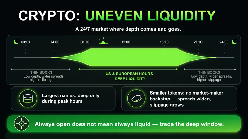 Timeline titled "Crypto: Uneven Liquidity" showing deep liquidity during US and European hours and thin books with wider spreads outside them; the largest names are deep only at peak hours and smaller tokens have no market-maker backstop — always open does not mean always liquid.