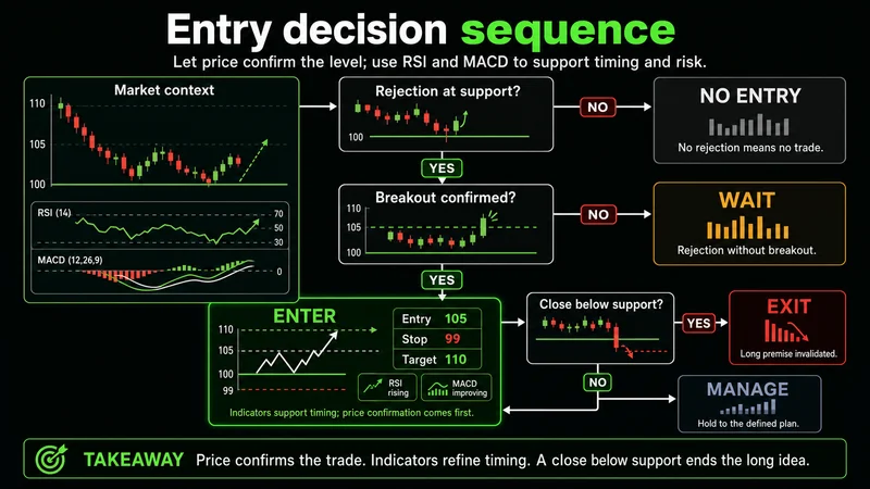 Decision tree for support rejection, trendline breakout, risk-defined entry, and invalidation