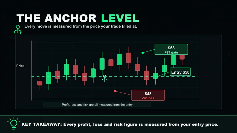 Neon chart anchoring profit and loss to a $50 entry, with +$3 and -$2 examples