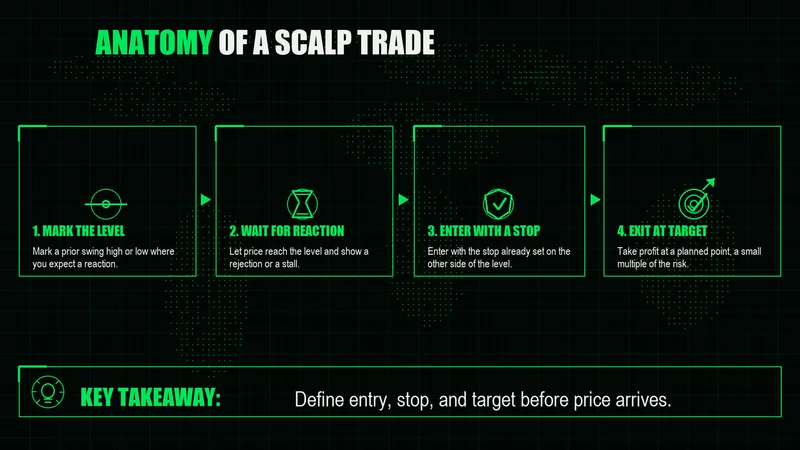 Four-step scalping setup diagram: mark the level, wait for the reaction, enter with a stop, exit at target