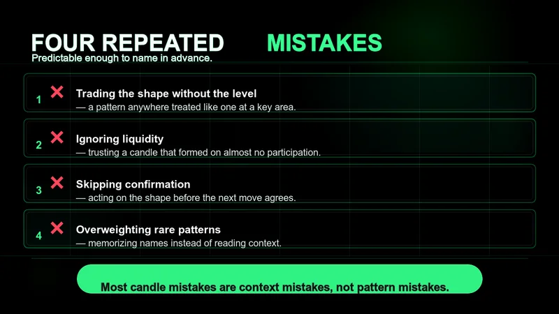 Four-point list titled "Four Repeated Mistakes" — trading the shape without the level, ignoring liquidity, skipping confirmation, and overweighting rare patterns; most candle mistakes are context mistakes, not pattern mistakes.