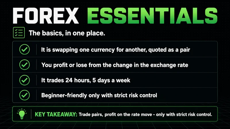 Neon checklist of forex essentials: pairs, rate moves, 24/5 trading, strict risk control