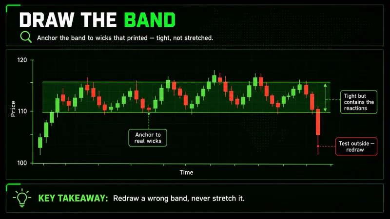 Candlestick chart with a green band anchored to real wicks, tight enough to contain the reactions