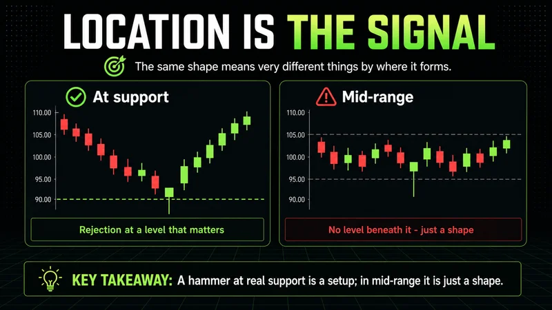 Neon charts showing a hammer at support as a signal versus a mid-range hammer as just a shape