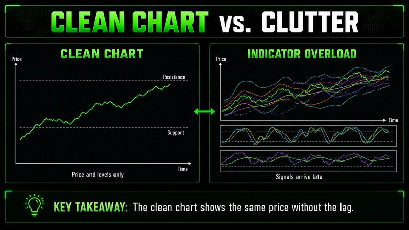Side-by-side comparison of a clean price chart with support and resistance versus an indicator-cluttered chart
