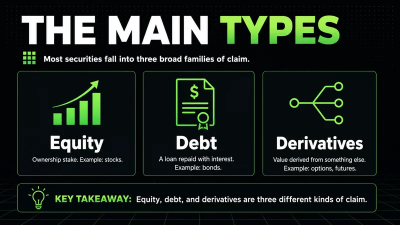 Neon cards showing the three main types of securities: equity, debt and derivatives