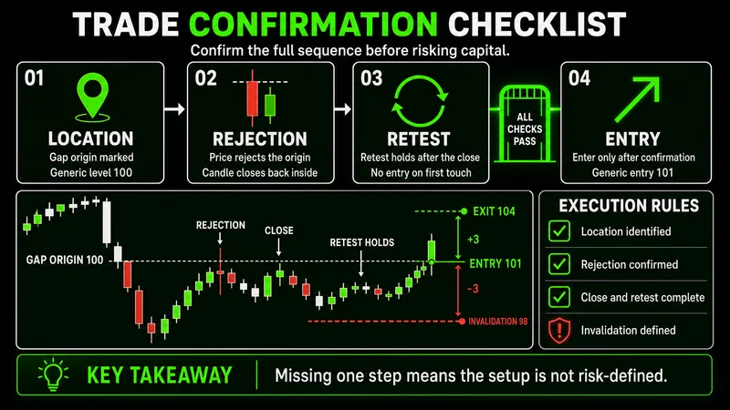 Neon checklist for confirming a price-action entry before execution