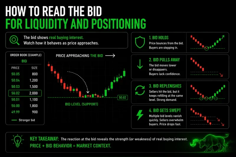 Bid liquidity and positioning guide showing how bid behavior signals market demand and depth